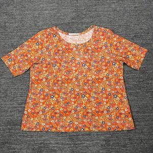 Peruvian Connection T-Shirt Women XL Orange Floral Short Sleeve Pima Cotton Boho